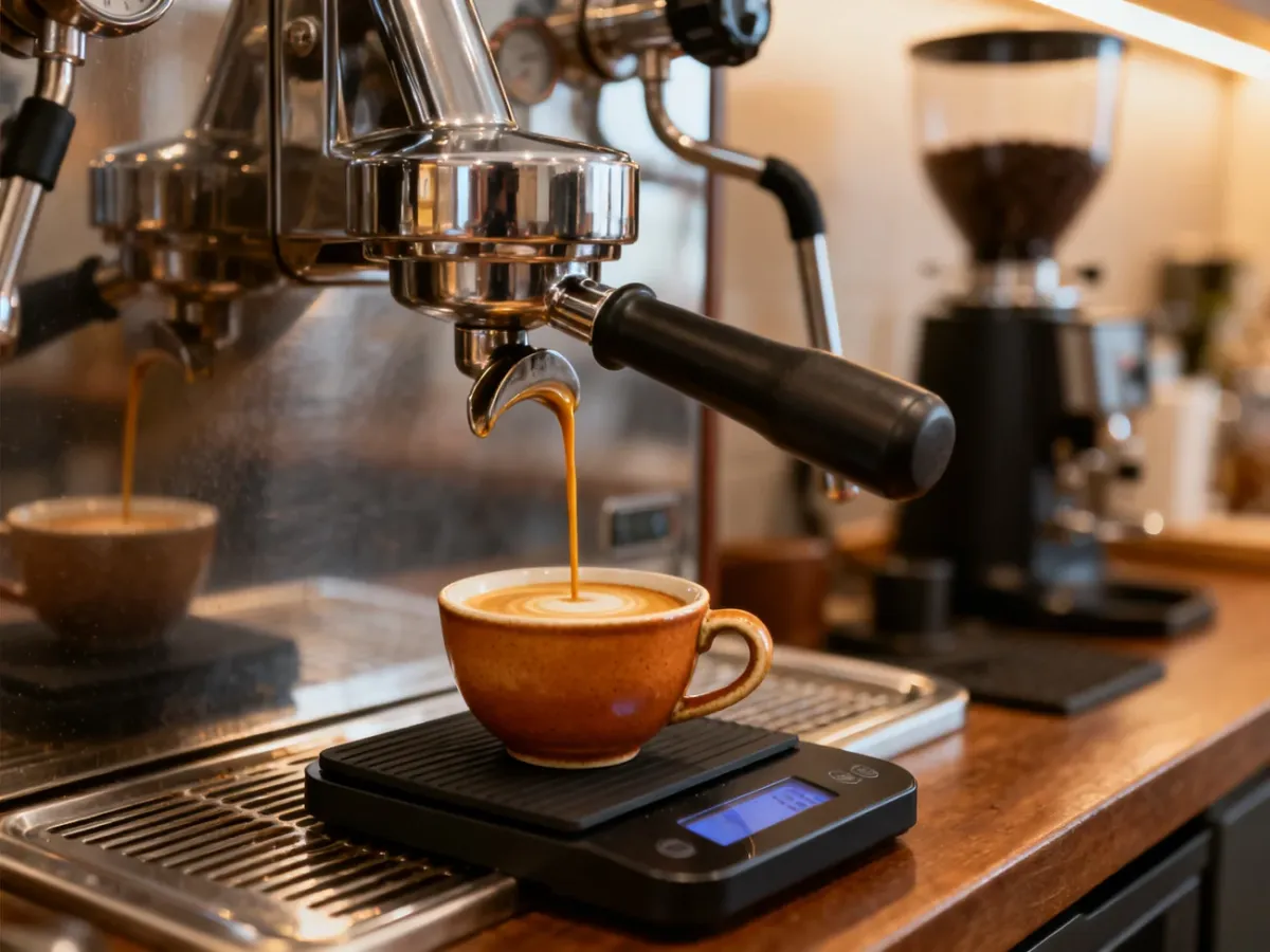 Ekstrakcja espresso z kolby do filiżanki ustawionej na wadze
