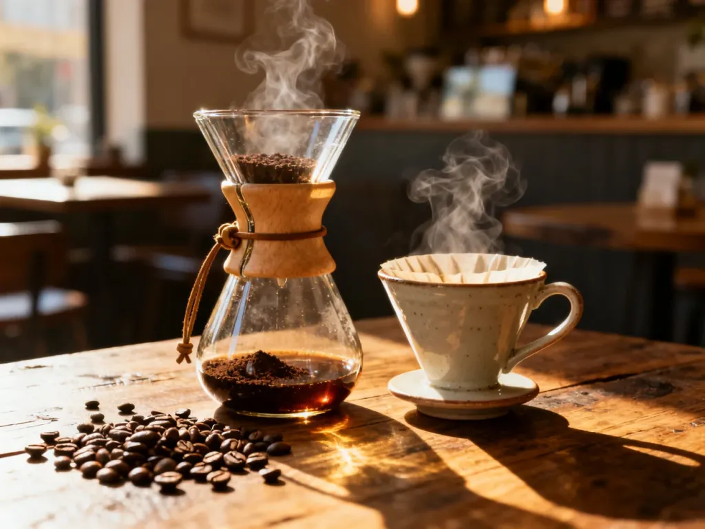 Szklany Chemex i ceramiczny dripper stojące obok siebie na drewnianym stole, gotowe do parzenia kawy w porannym świetle.