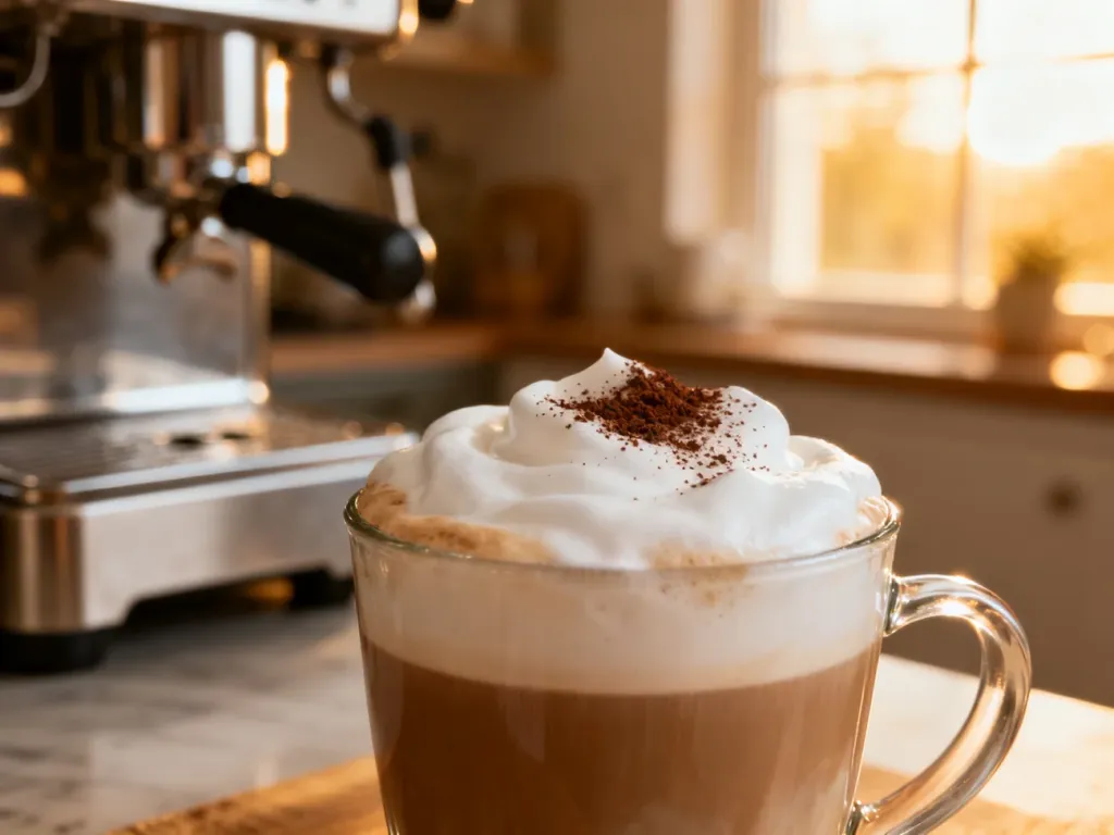 Szklanka cappuccino z gęstą, aksamitną pianką posypaną kakao, przygotowana w domowej kuchni.