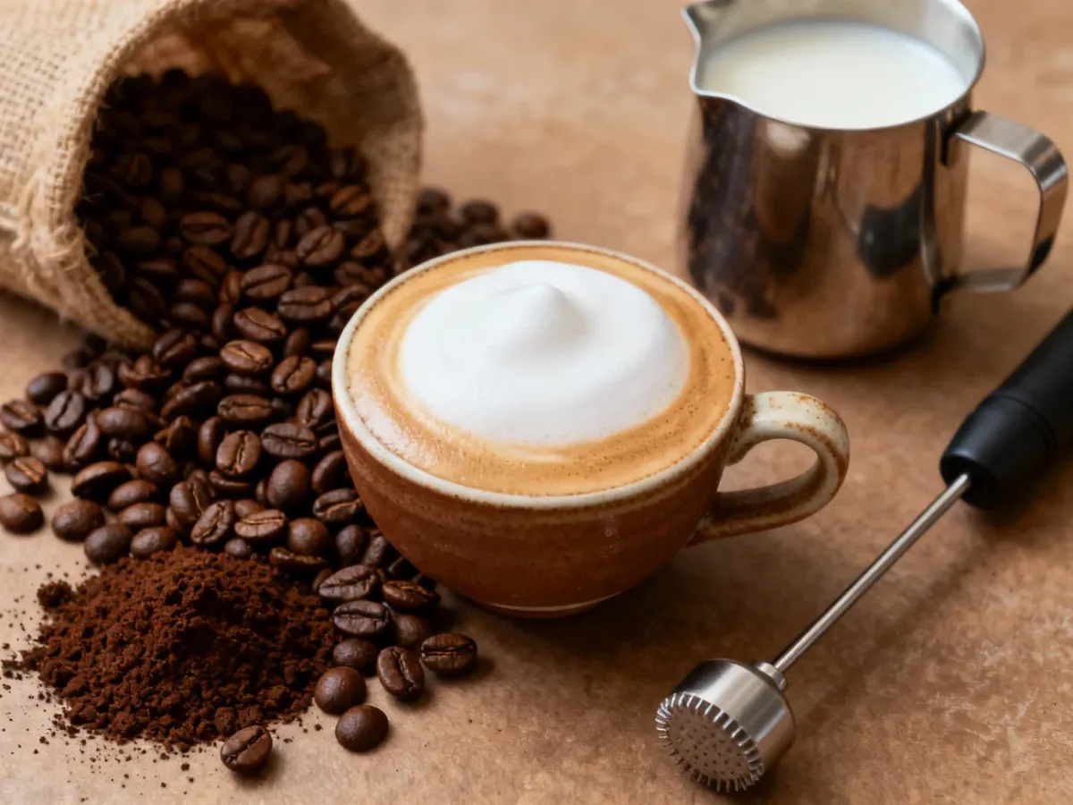 Cappuccino z gęstą pianką, kawą i akcesoriami do spieniania mleka
