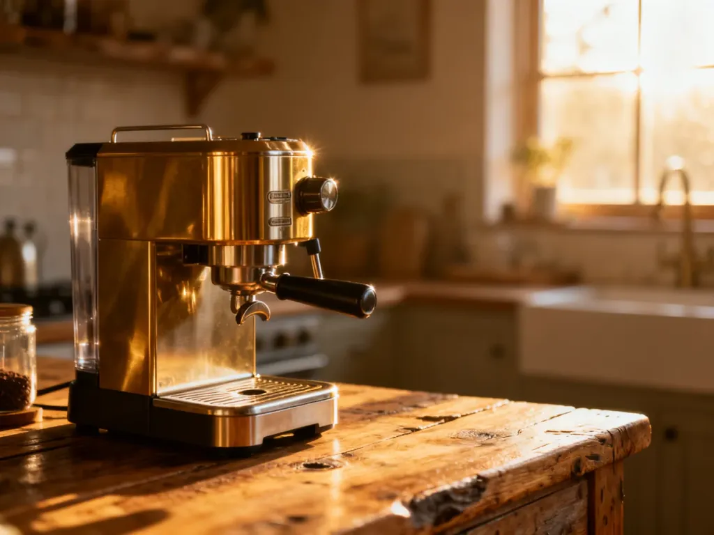 Profesjonalny młynek do kawy na drewnianym blacie w słonecznej kuchni, idealny do przygotowania espresso.