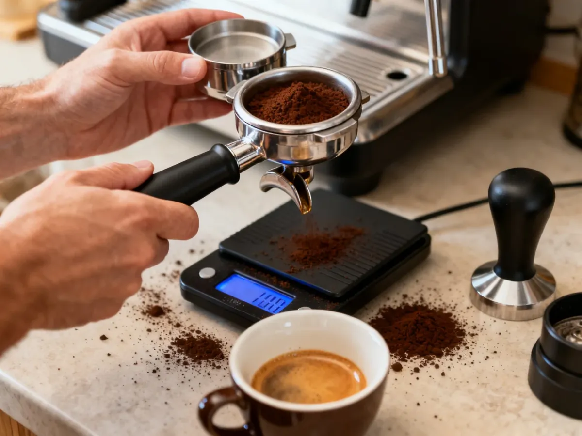 Parzenie podwójnego espresso z użyciem portafiltra i wagi