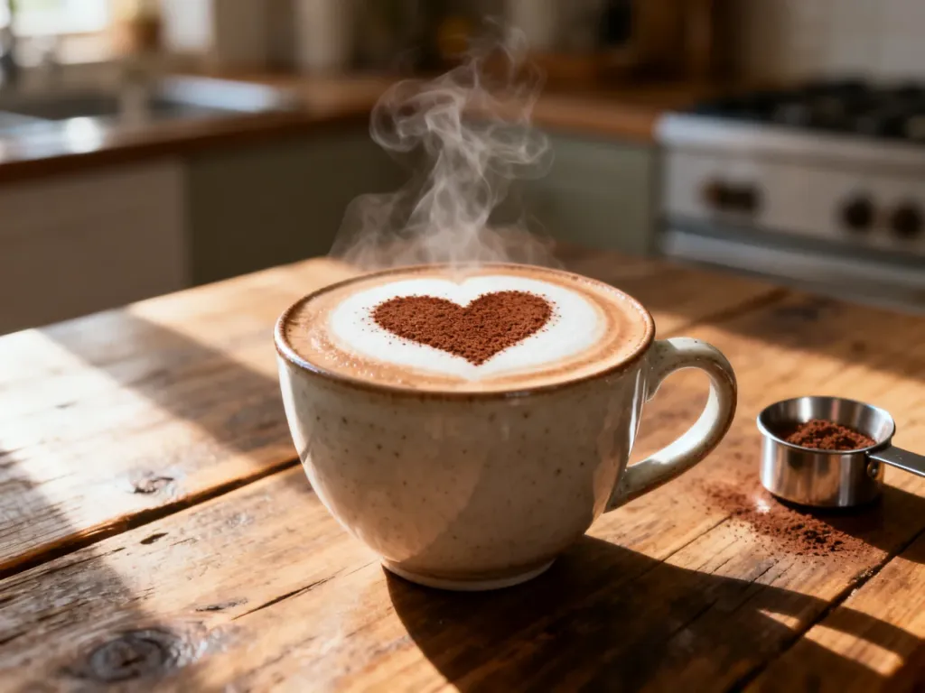 Filiżanka cappuccino z sercem z kakao wykonanym przy użyciu metalowego szablonu na rustykalnym stole.