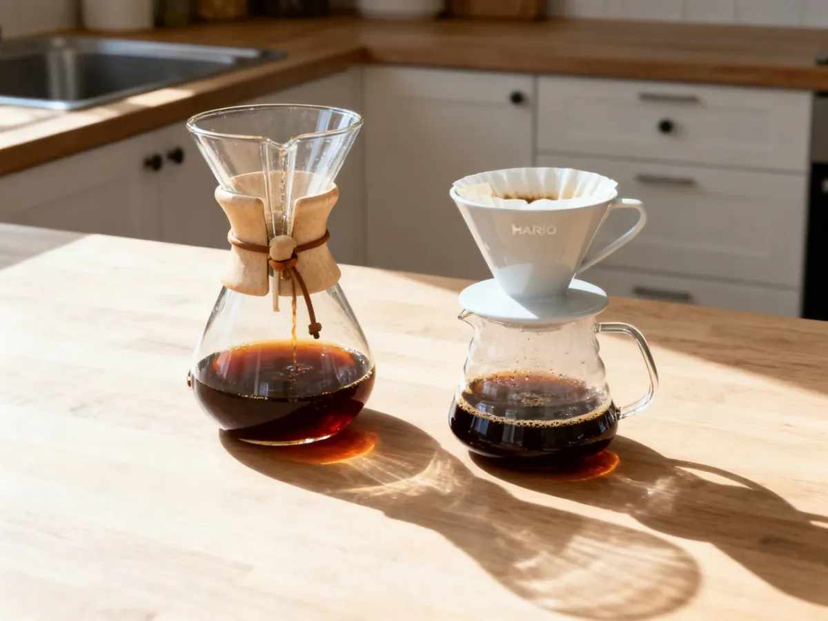 Chemex i Hario V60 ustawione obok siebie na kuchennym blacie