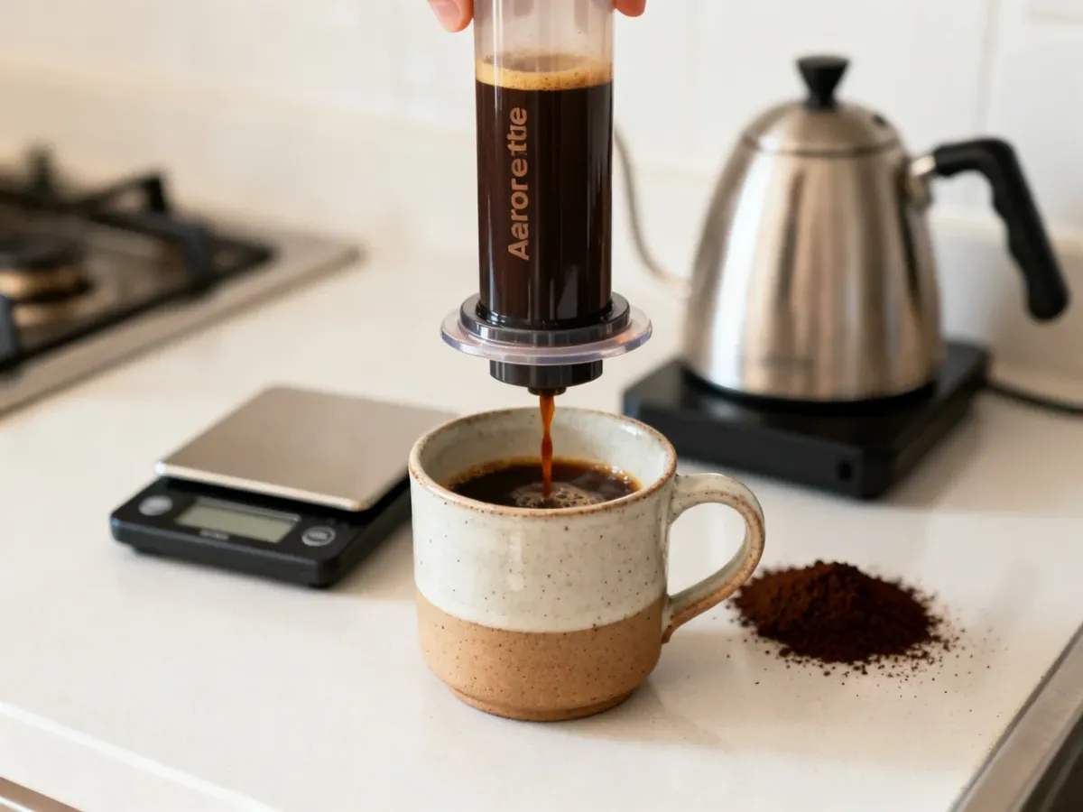 AeroPress zaparzający kawę metodą klasyczną nad kubkiem
