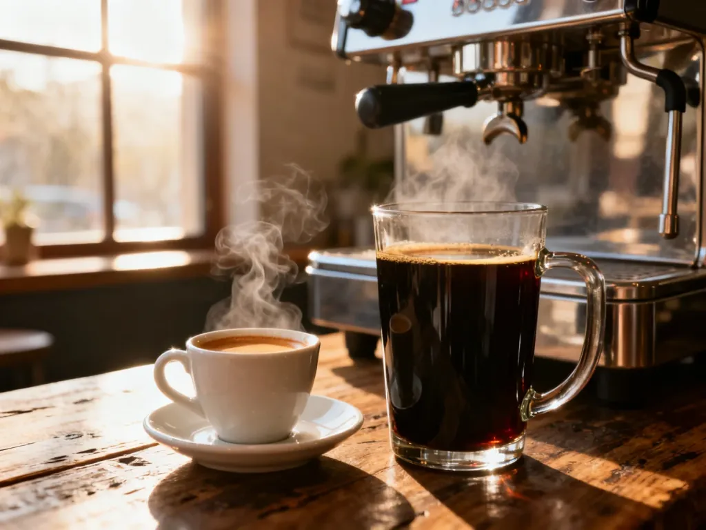 Porównanie espresso i kawy długiej w filiżankach na drewnianym stole w klimatycznej kawiarni.