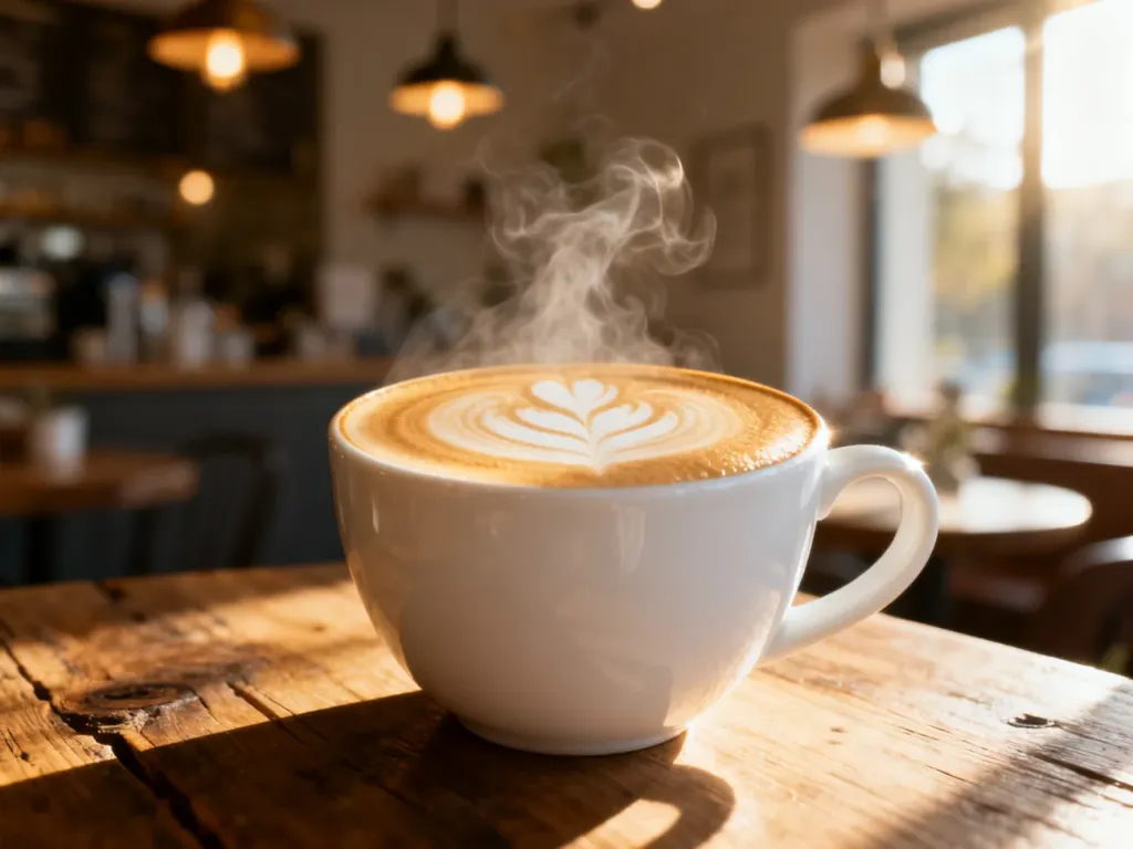 Parująca filiżanka cappuccino z artystycznym wzorem na piance, ustawiona na drewnianym stole w przytulnej kawiarni.