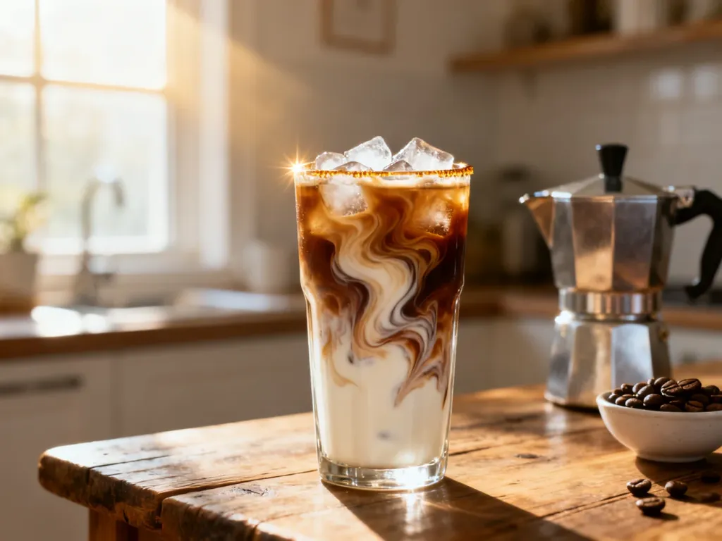 Wysoka szklanka z mrożonym latte z widocznymi warstwami kawy i mleka na drewnianym stole w słonecznej kuchni.