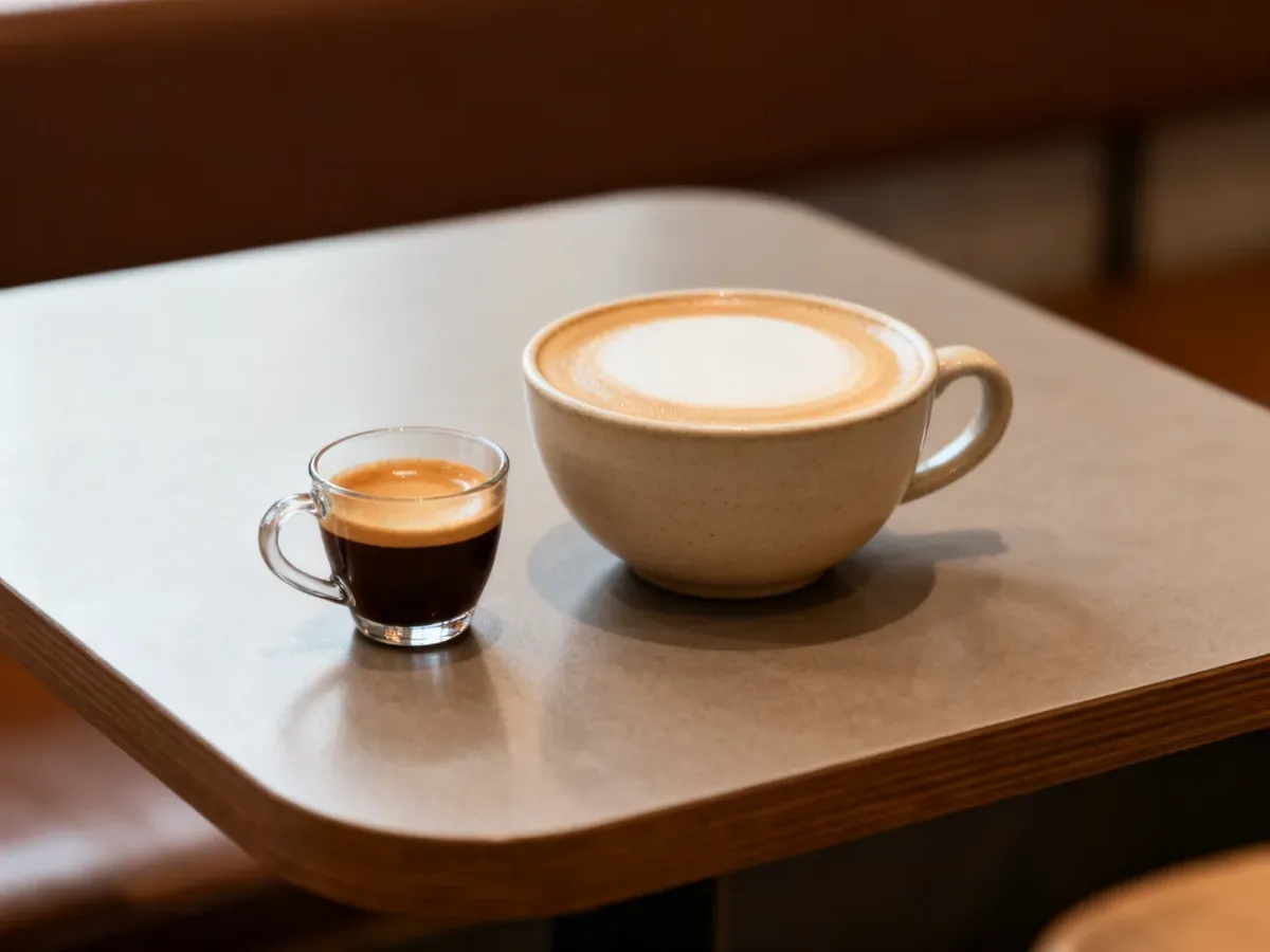 Espresso macchiato i flat white podane obok siebie w kawiarni