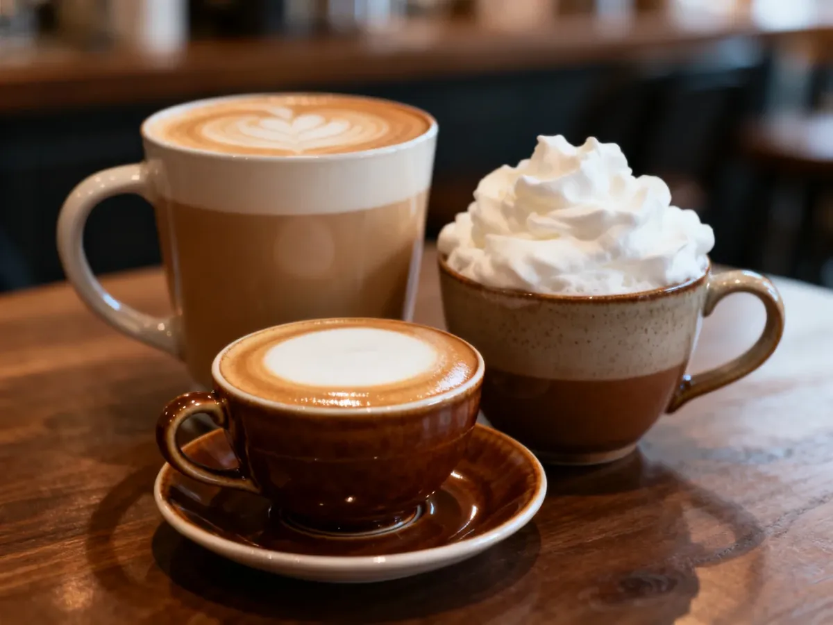 Flat white, latte i cappuccino w filiżankach o różnej ilości mleka i pianki
