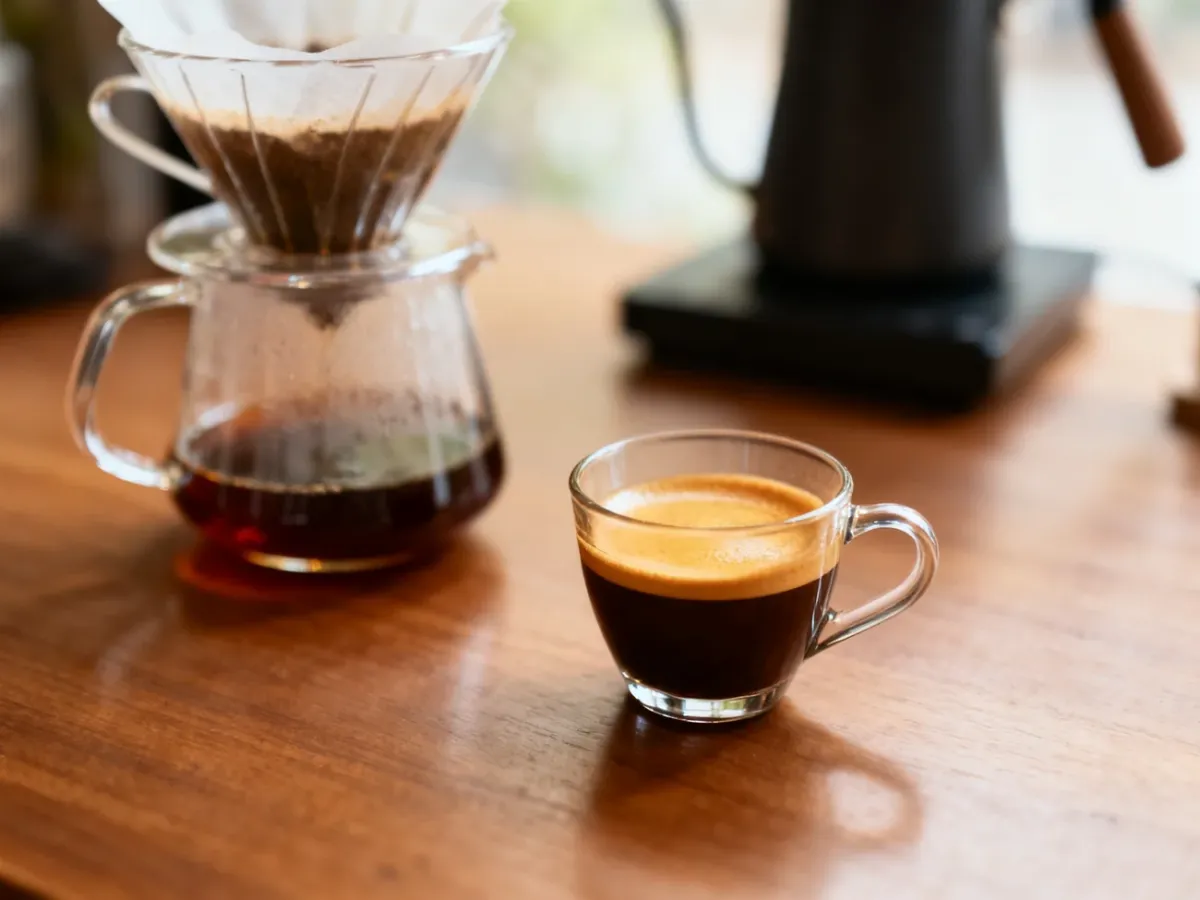 Filiżanka espresso i szklanka klarownej kawy filtrowanej obok siebie