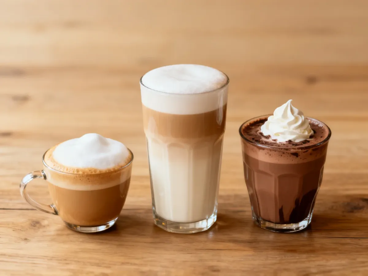 Cappuccino, latte i mocha ustawione obok siebie w kawiarni