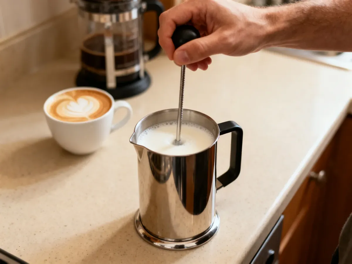 Ręczne spienianie mleka tłokiem w kuchni obok filiżanki cappuccino