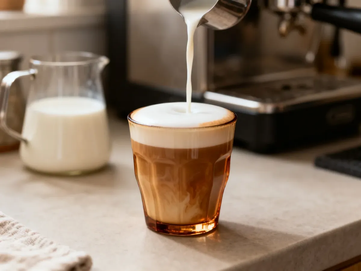Caffe latte with espresso and silky milk foam being poured into a glass
