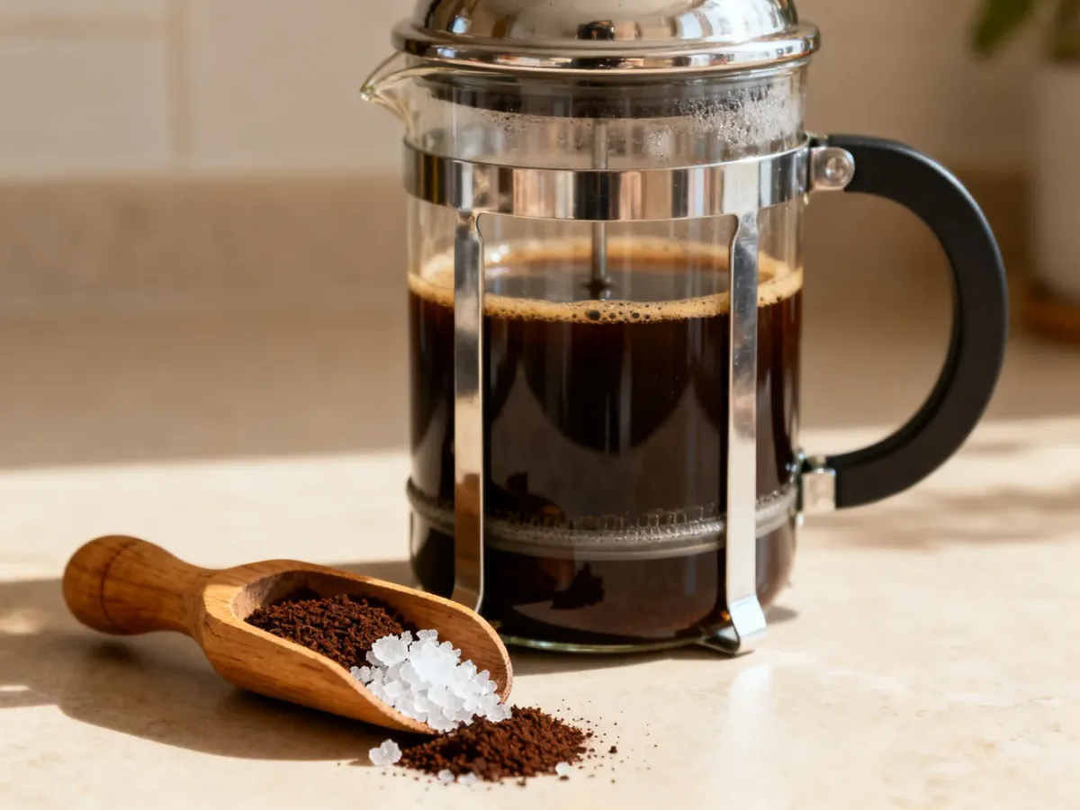 French press z kawą i grubo zmielonymi ziarnami przypominającymi sól morską
