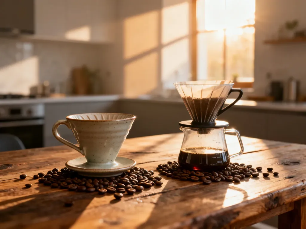 Ceramiczny dripper V60 oraz Clever Dripper na drewnianym stole w otoczeniu ziaren kawy w słonecznej kuchni.