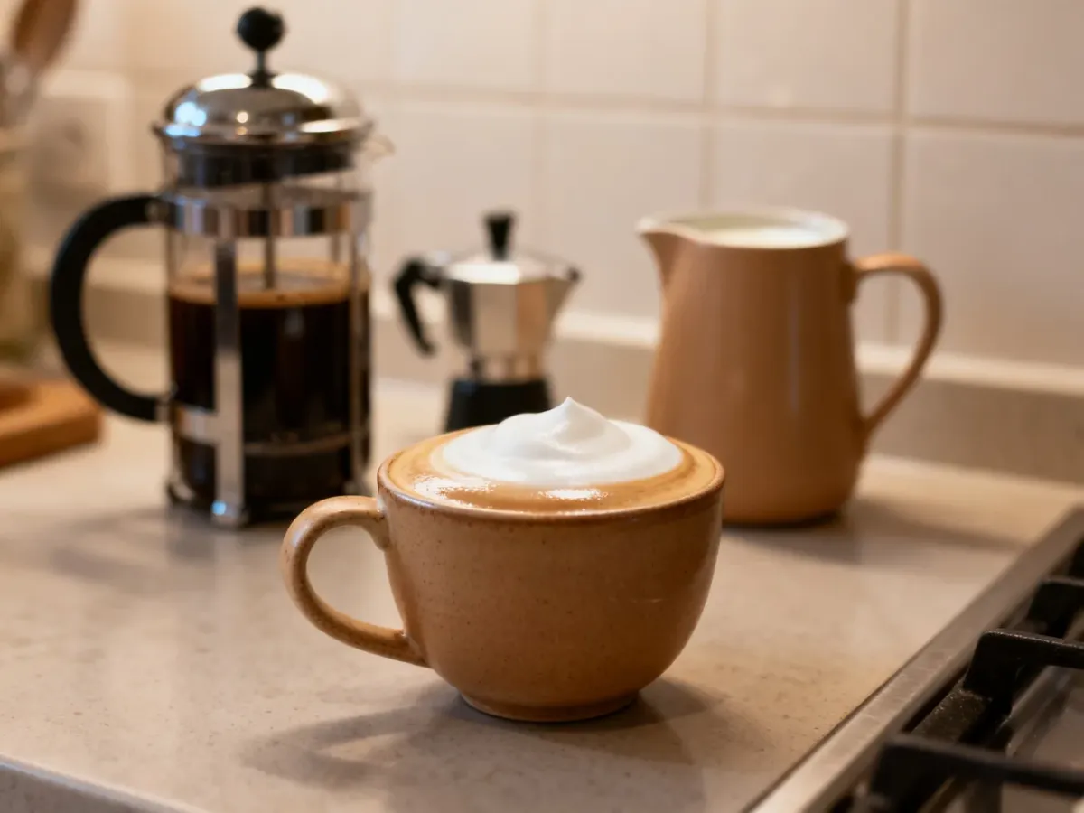 Domowe cappuccino z gładką pianką mleczną na kuchennym blacie