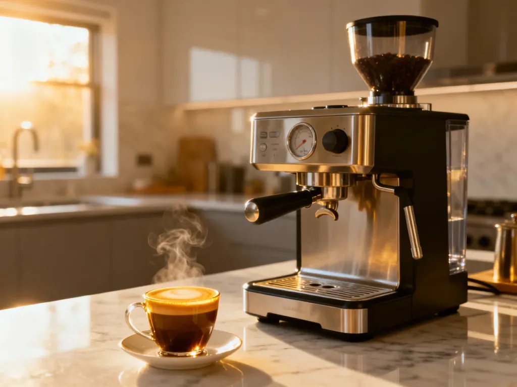Profesjonalny ekspres kolbowy z młynkiem na marmurowym blacie oraz filiżanka świeżego espresso z gęstą cremą.