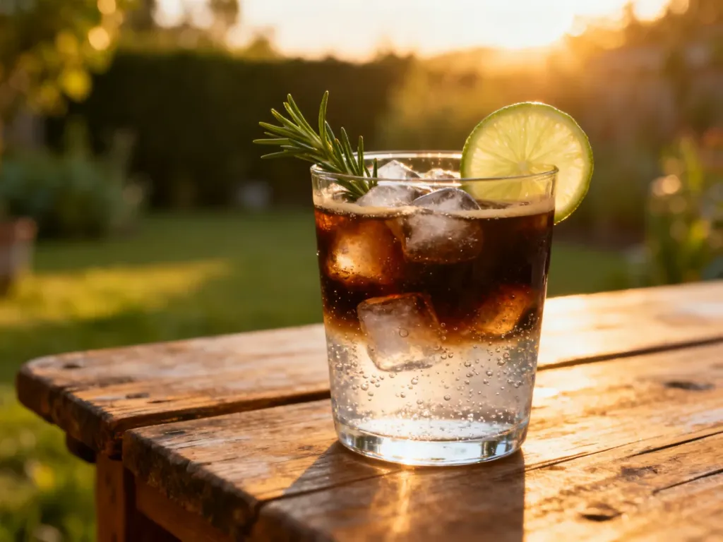 Orzeźwiające espresso tonic z lodem, limonką i rozmarynem podane na drewnianym stole w słonecznym ogrodzie.