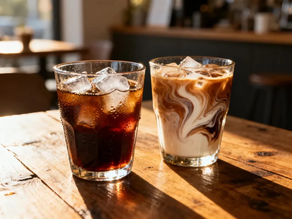 Dwie szklanki kawy na drewnianym stole: czarny cold brew z lodem oraz mrożona kawa z mlekiem w słonecznym świetle.