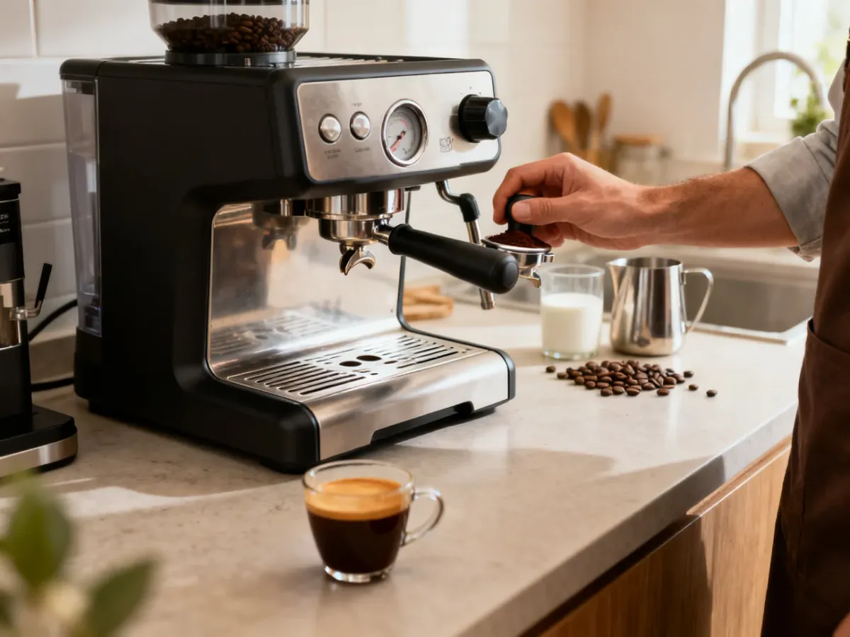 Ekspres kolbowy z kolbą, świeżo mieloną kawą i filiżanką espresso