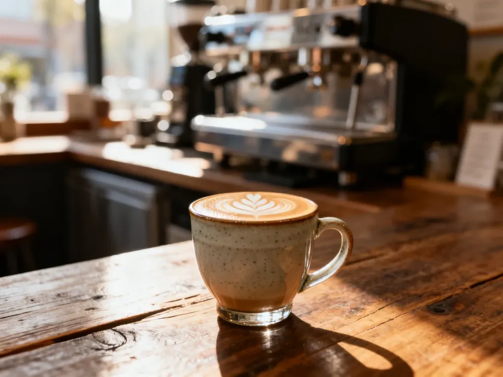 Mała filiżanka kawy piccolo latte z wzorem latte art, postawiona na drewnianym stole w przytulnej kawiarni.