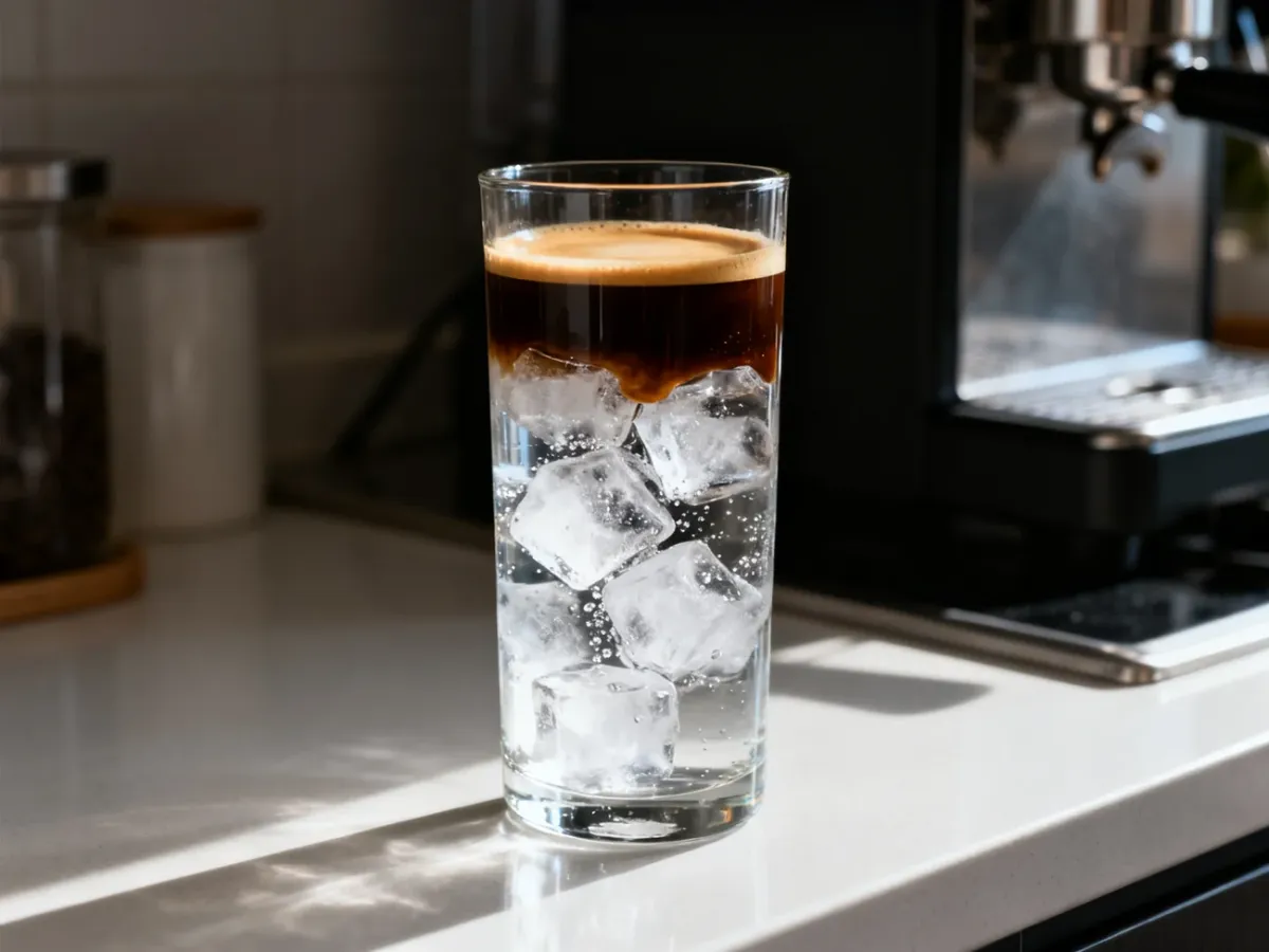 Szklanka iced americano z lodem, wodą i świeżo wlanym espresso