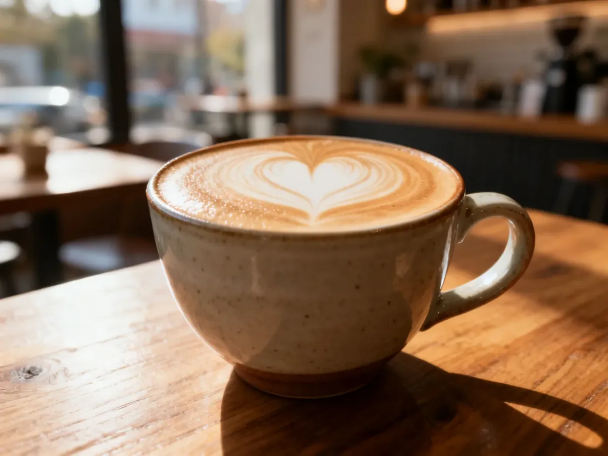 Idealnie przygotowane cappuccino z wzorem serca na piance, podane w ceramicznej filiżance w przytulnej kawiarni.