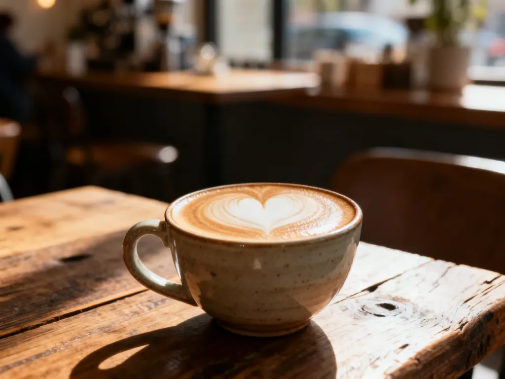 Aksamitne cappuccino w ceramicznej filiżance z wzorem serca na piance, serwowane w przytulnej kawiarni.