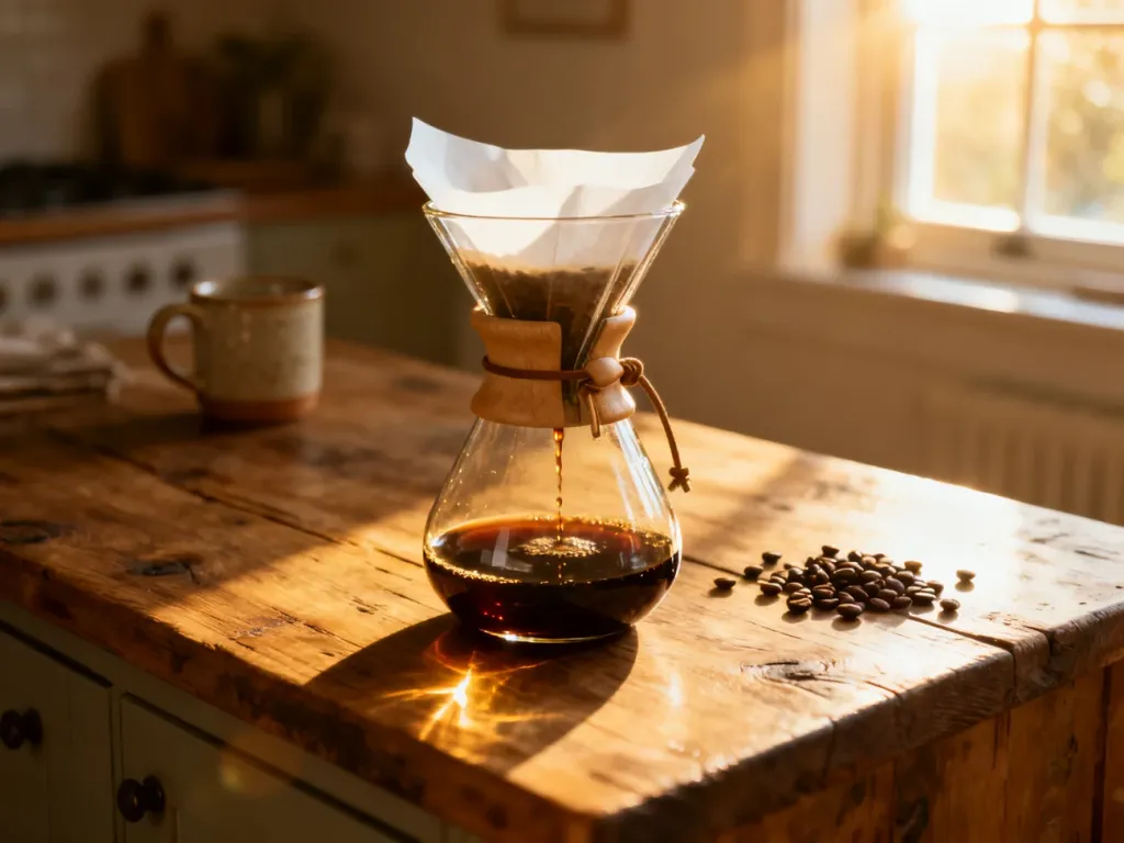 Szklany Chemex z parzącą się kawą na drewnianym blacie w promieniach porannego słońca.