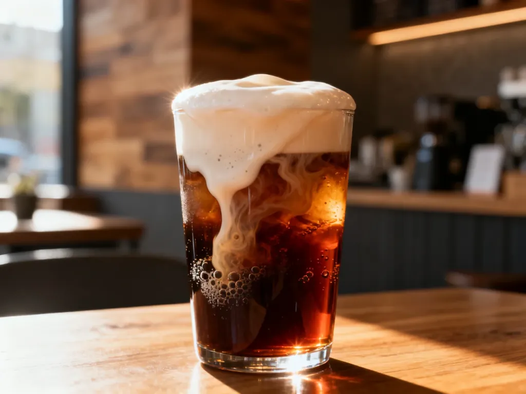Szklanka kawy nitro cold brew z gęstą, kremową pianką i widocznymi bąbelkami azotu w przytulnej kawiarni.