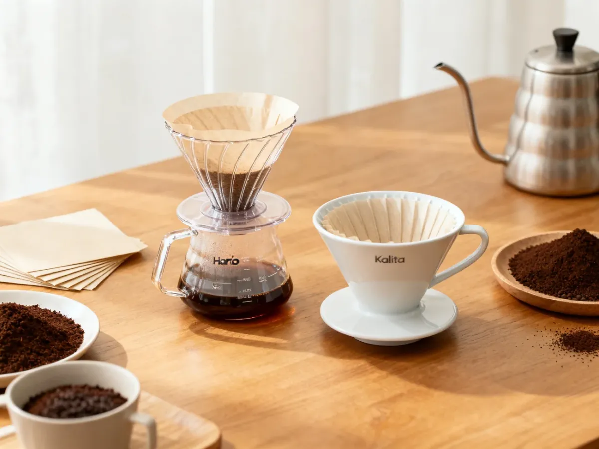 Drippery Hario V60 i Kalita Wave ustawione obok siebie na stole do parzenia kawy