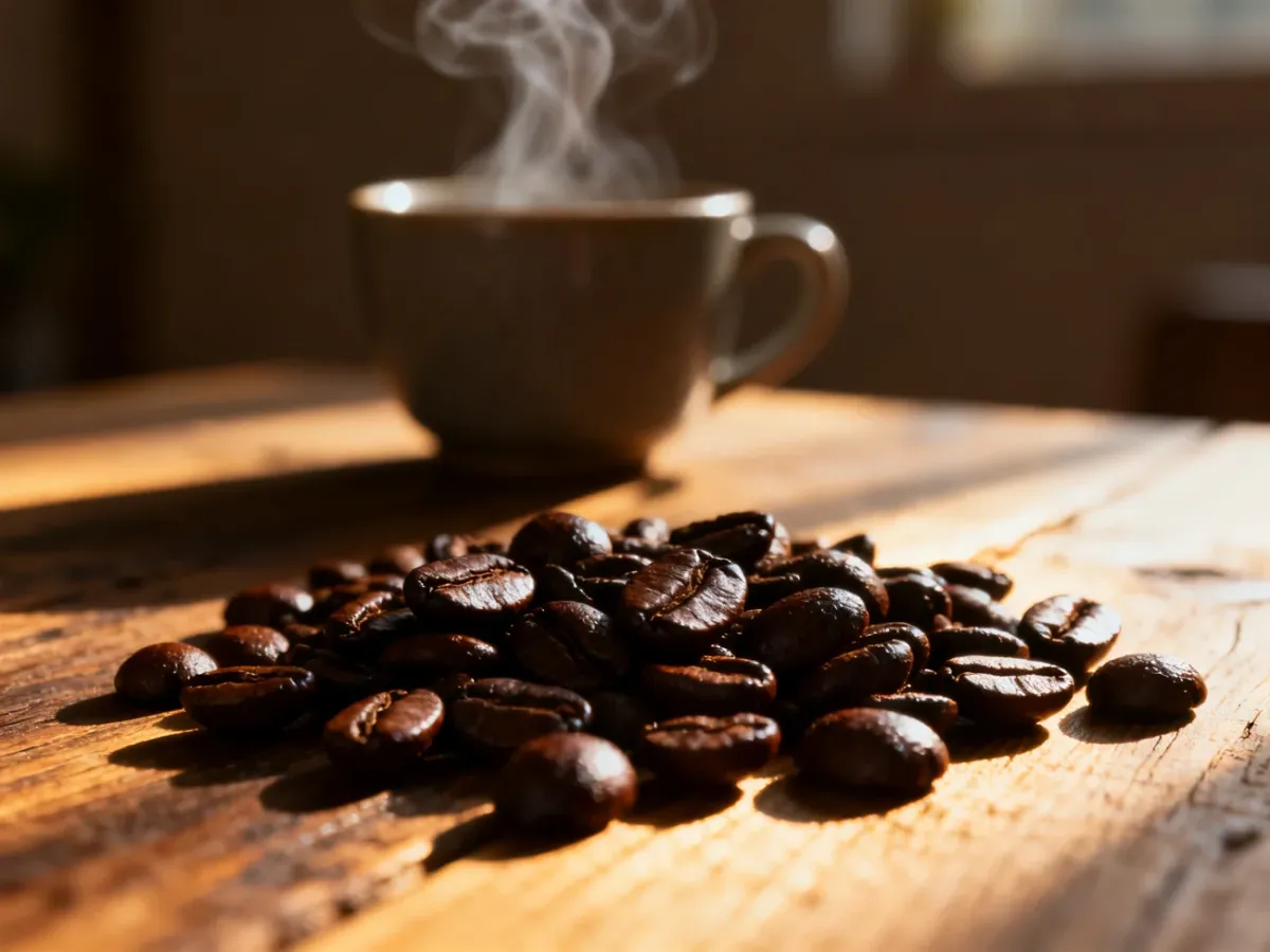 Ciemne, oleiste ziarna kawy French roast rozsypane na drewnianym stole, z parującą filiżanką w tle.