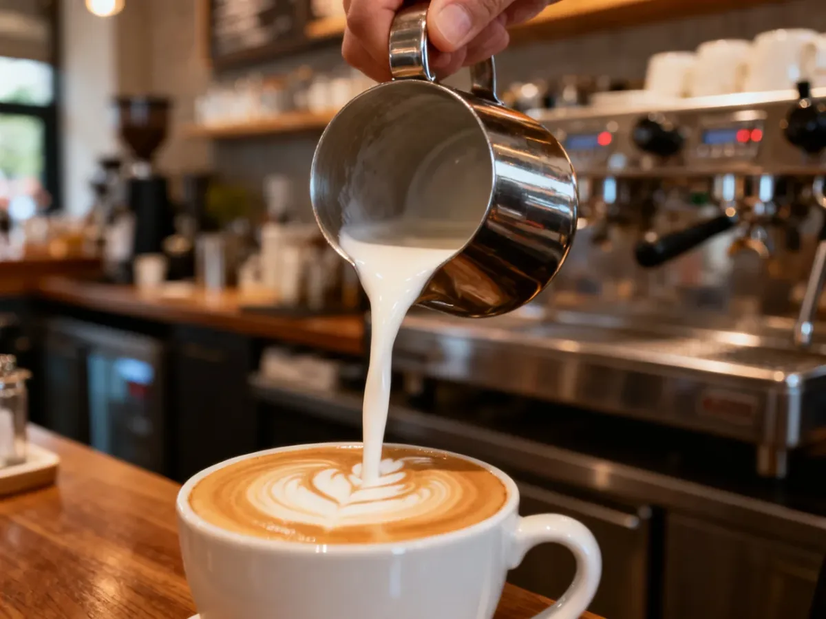 Dzbanek z aksamitną mikropianką wlewaną do filiżanki espresso