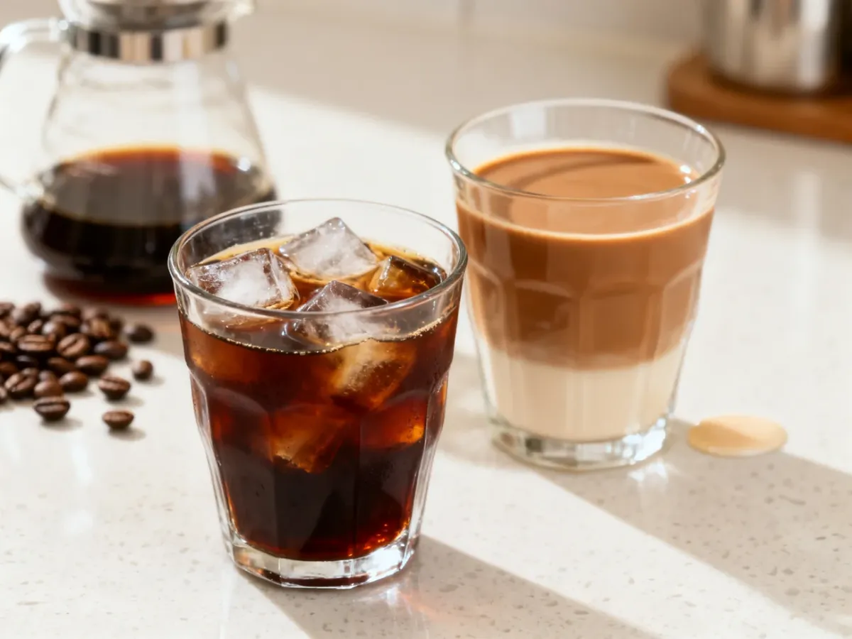 Dwie szklanki zimnej kawy: iced coffee i cold brew, podane z lodem