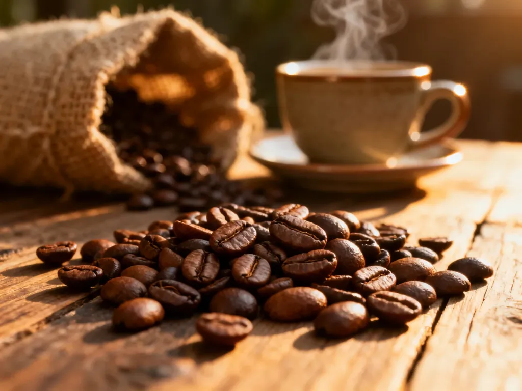 Ziarna kawy Arabica i Robusta rozsypane na drewnianym stole obok filiżanki gorącego napoju.