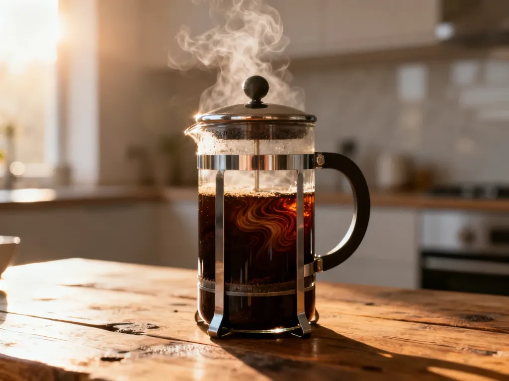 Szklany zaparzacz typu French press z parującą kawą na drewnianym stole w słonecznej kuchni.