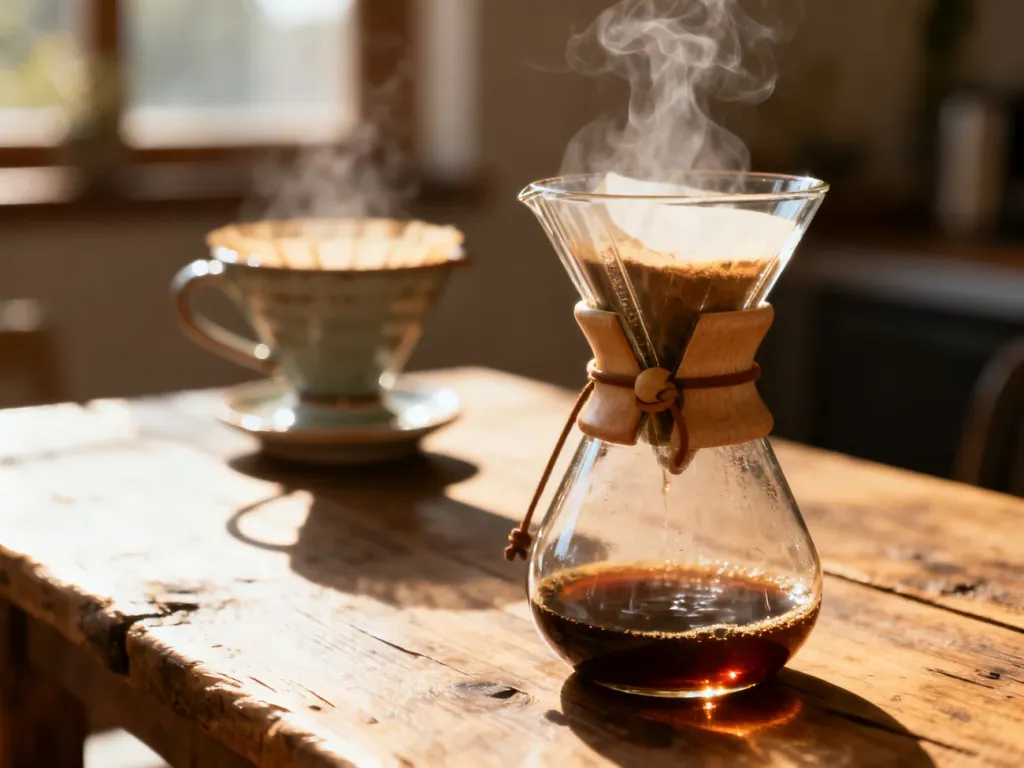Szklany Chemex na drewnianym stole obok ceramicznego dripu, w promieniach porannego słońca.