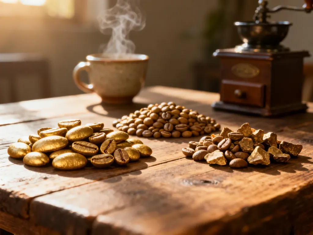 Trzy rodzaje surowych ziaren kawy: Arabica, Robusta i Liberica, ułożone obok siebie na drewnianym stole.