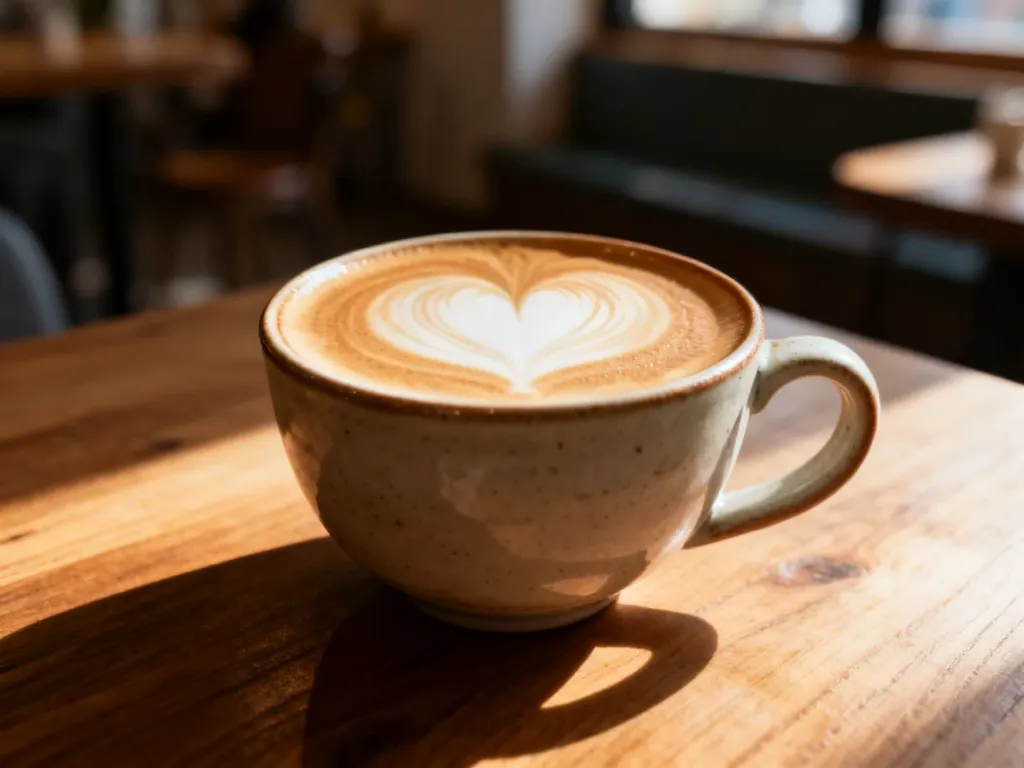 Świeżo zaparzone flat white w ceramicznej filiżance z delikatnym wzorem latte art na mlecznej piance.