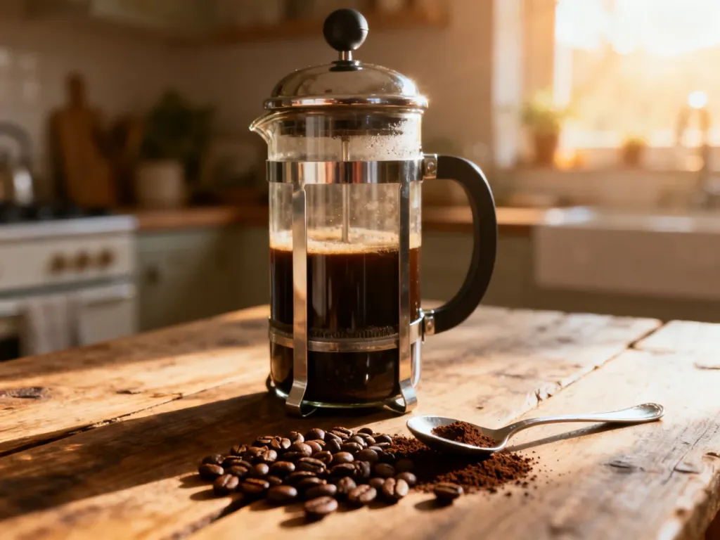 Szklany zaparzacz typu French press na drewnianym stole z ziarnami kawy w promieniach porannego słońca.