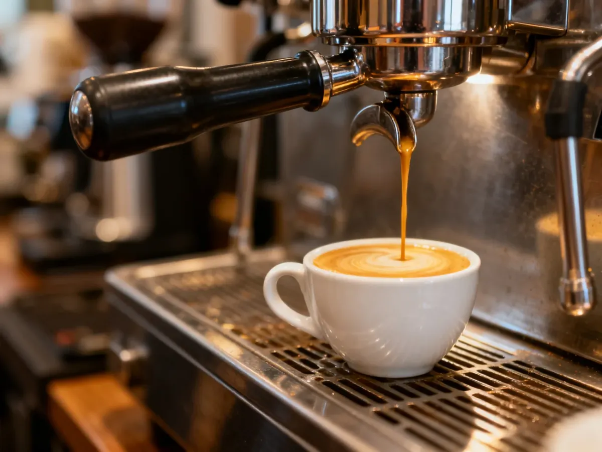 Strumień espresso wypływający z kolby do filiżanki z kremową cremą