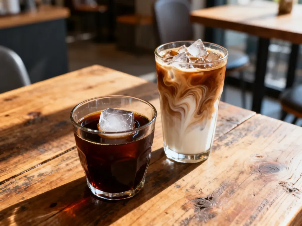 Dwie szklanki kawy na drewnianym stole: czarny cold brew z dużą kostką lodu oraz iced coffee z mlekiem i kruszonym lodem.