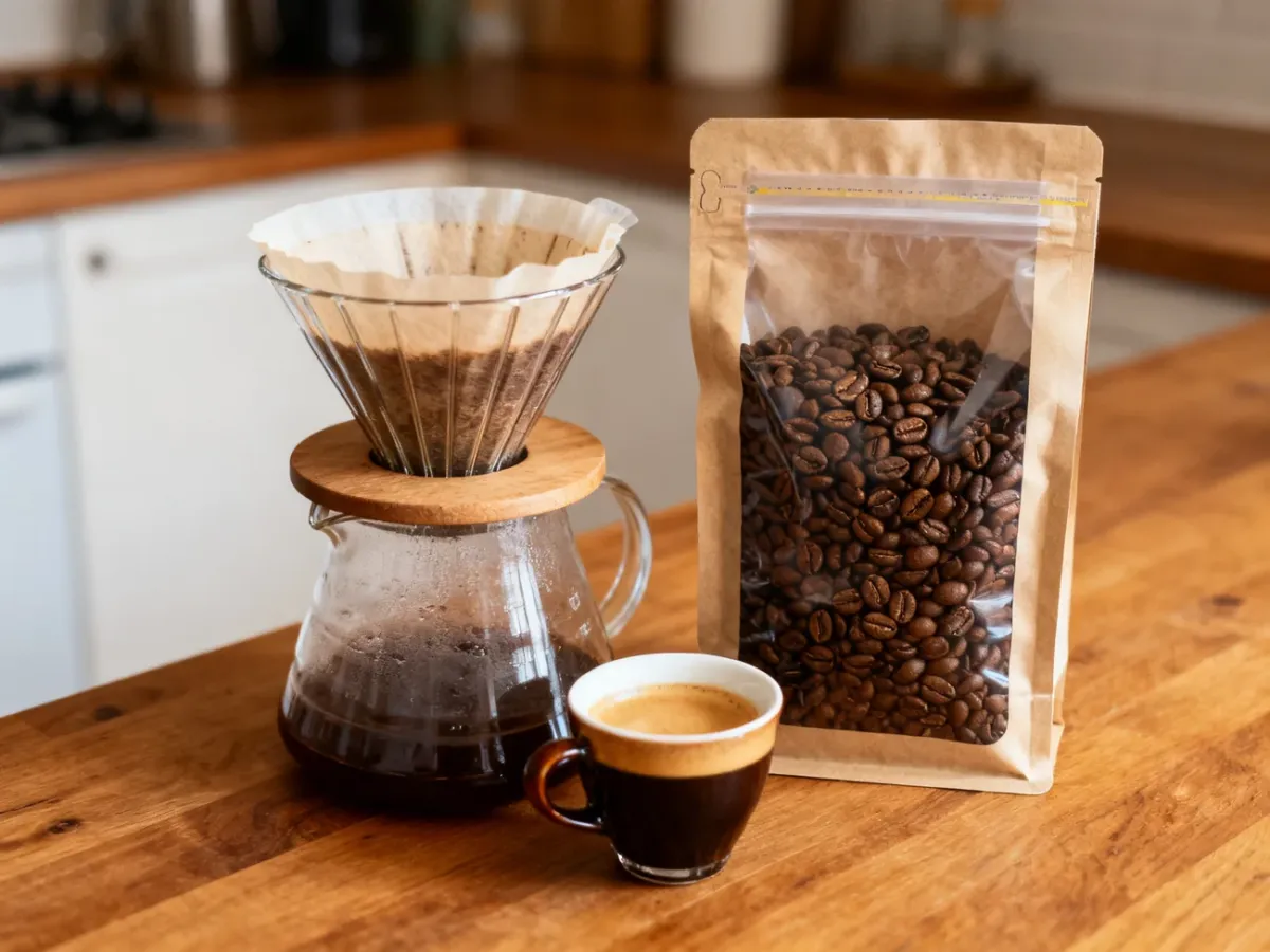 Świeżo palone ziarna kawy obok dripa i filiżanki espresso