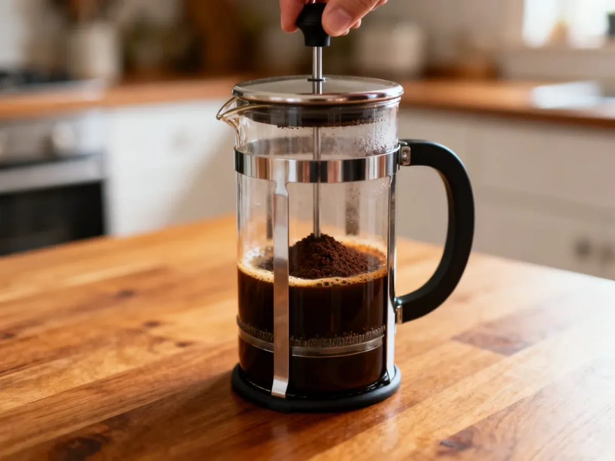French press with freshly brewed coffee and settled grounds