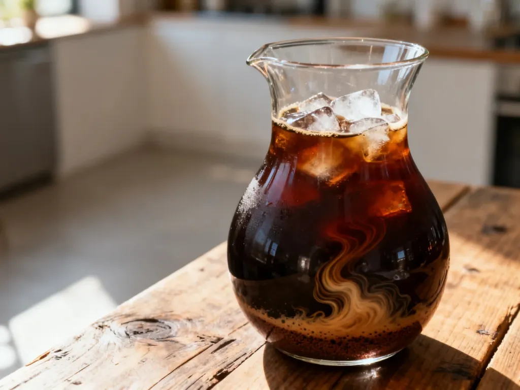 Szklana karafka z mrożoną kawą cold brew i kostkami lodu na rustykalnym drewnianym stole w słonecznej kuchni.