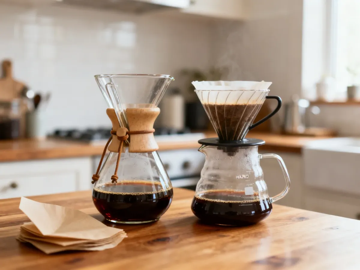 Chemex i Hario V60 ustawione obok siebie na kuchennym blacie
