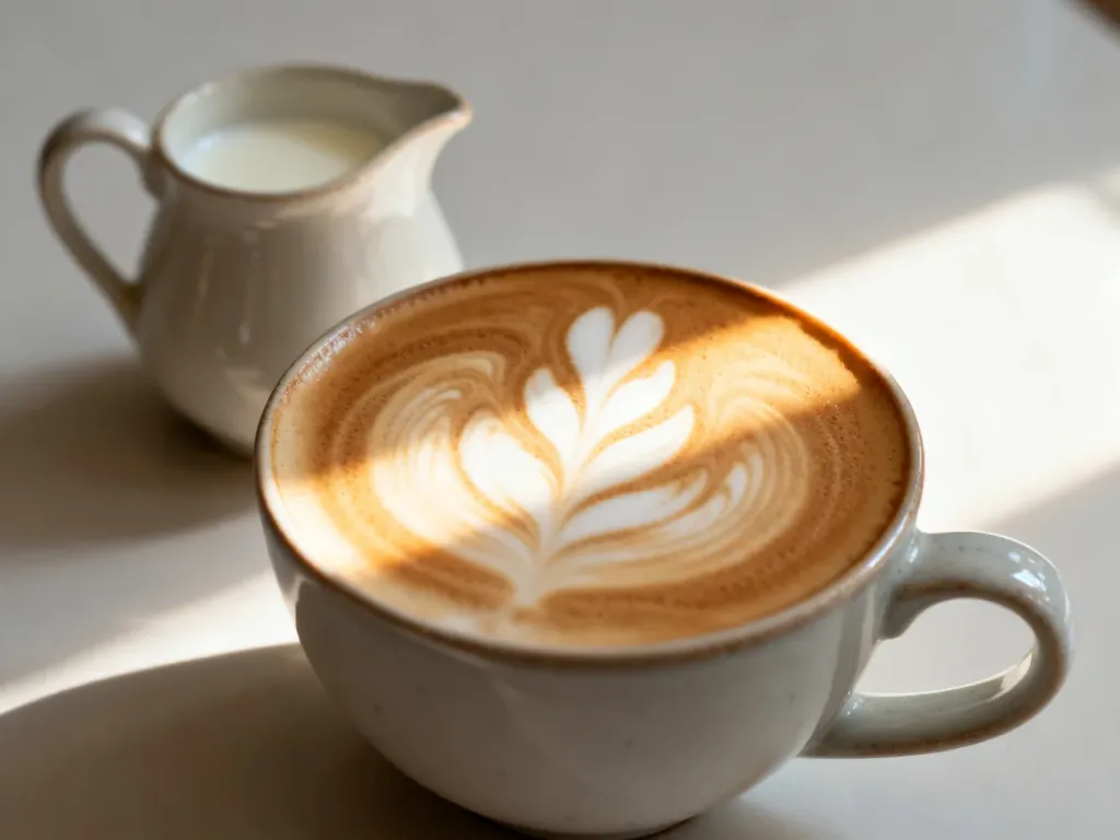Filiżanka świeżo zaparzonej kawy z latte art oraz dzbanek z mlekiem w promieniach porannego słońca.
