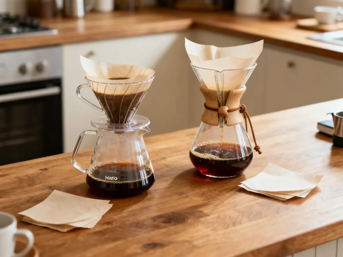Hario V60 Drip Decanter i Chemex podczas parzenia kawy