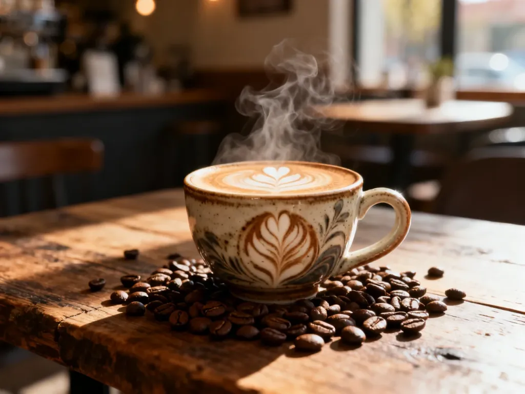 Parująca filiżanka cappuccino z wzorem latte art na drewnianym stole w przytulnej kawiarni.